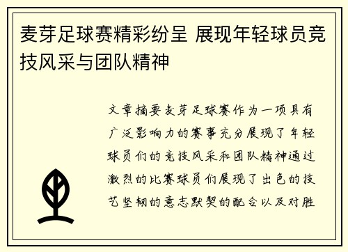 麦芽足球赛精彩纷呈 展现年轻球员竞技风采与团队精神