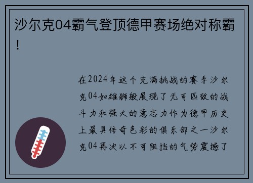 沙尔克04霸气登顶德甲赛场绝对称霸！