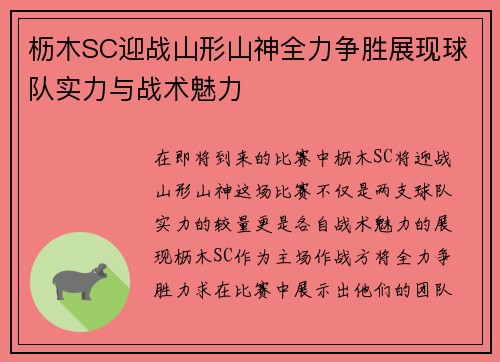 枥木SC迎战山形山神全力争胜展现球队实力与战术魅力
