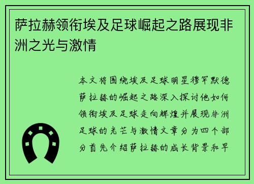 萨拉赫领衔埃及足球崛起之路展现非洲之光与激情