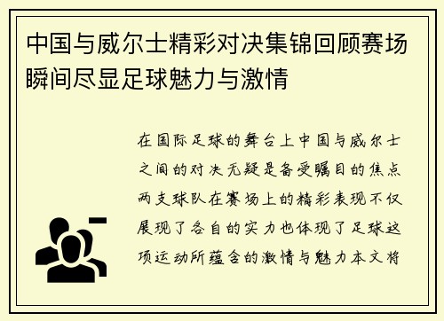 中国与威尔士精彩对决集锦回顾赛场瞬间尽显足球魅力与激情