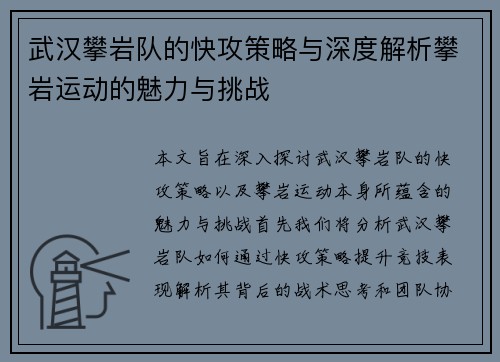 武汉攀岩队的快攻策略与深度解析攀岩运动的魅力与挑战